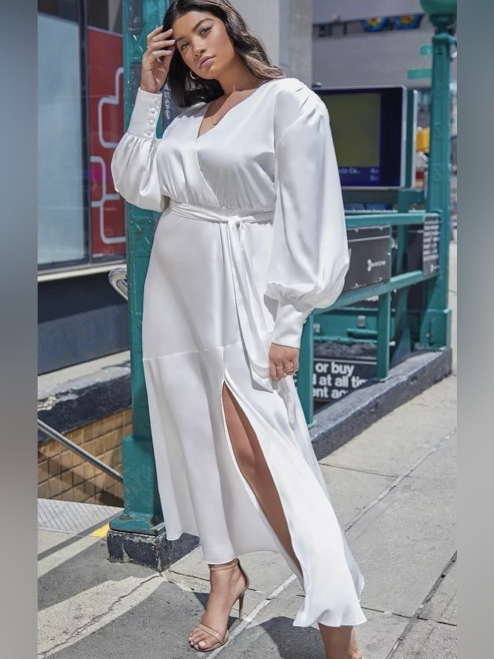 NWT Eloquii White Satin V-Neck Maxi Dress with Side Slit